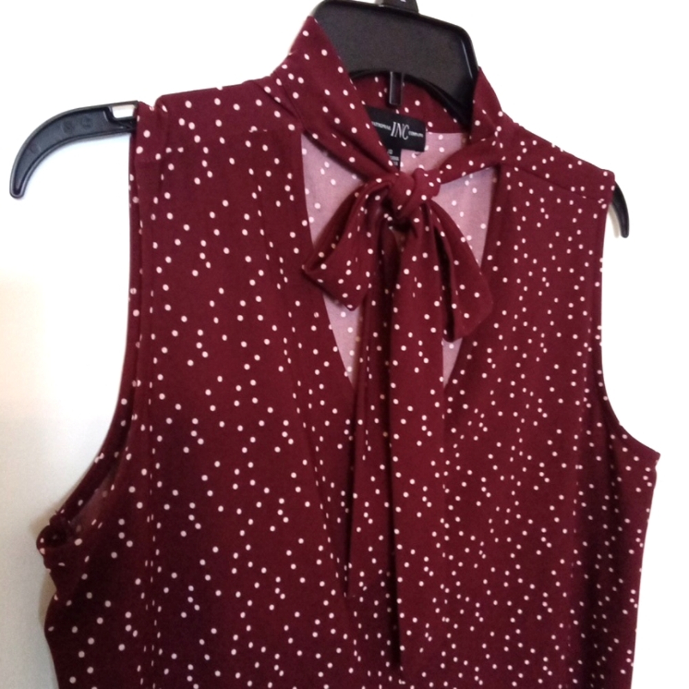 International Concepts Women's Burgundy & White Polka Dot Top with Tie Large